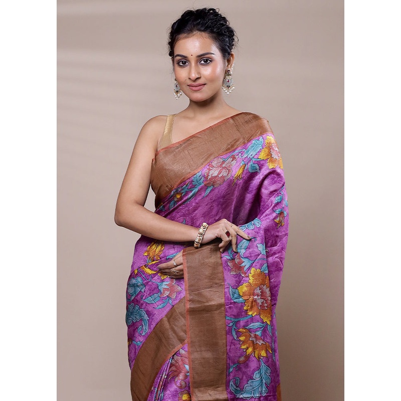 Purple Tussar Silk Saree With Blouse Piece - JD986607480