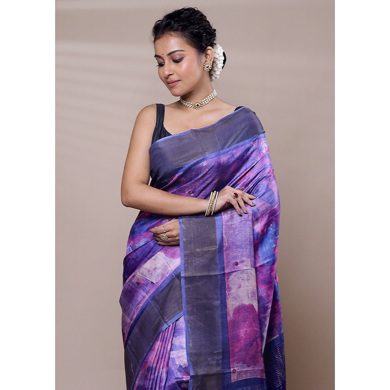 Purple Tussar Silk Saree With Blouse Piece - JD986607481