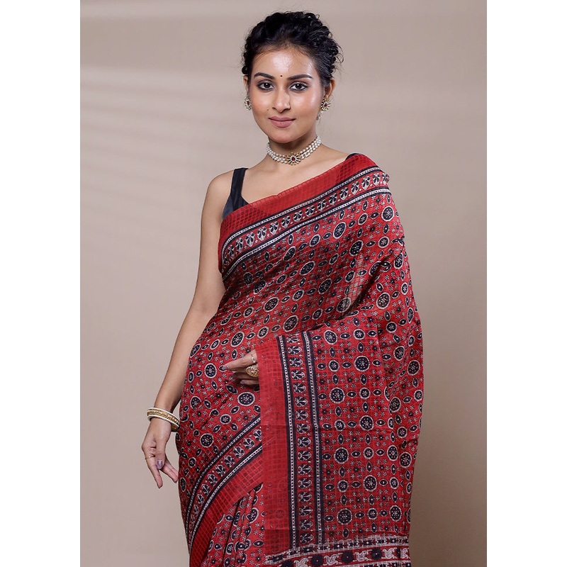 Red Printed Pure Silk Saree Without Blouse Piece - JD986607479