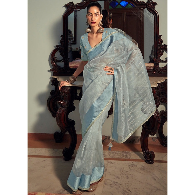 Sky Blue Organza Saree With Blouse Piece - JD986607429
