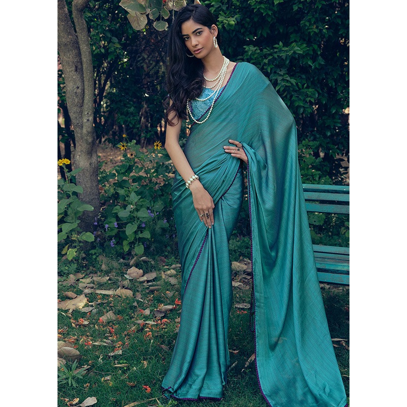 Teal Dupion Silk Saree With Blouse Piece - JD986607430