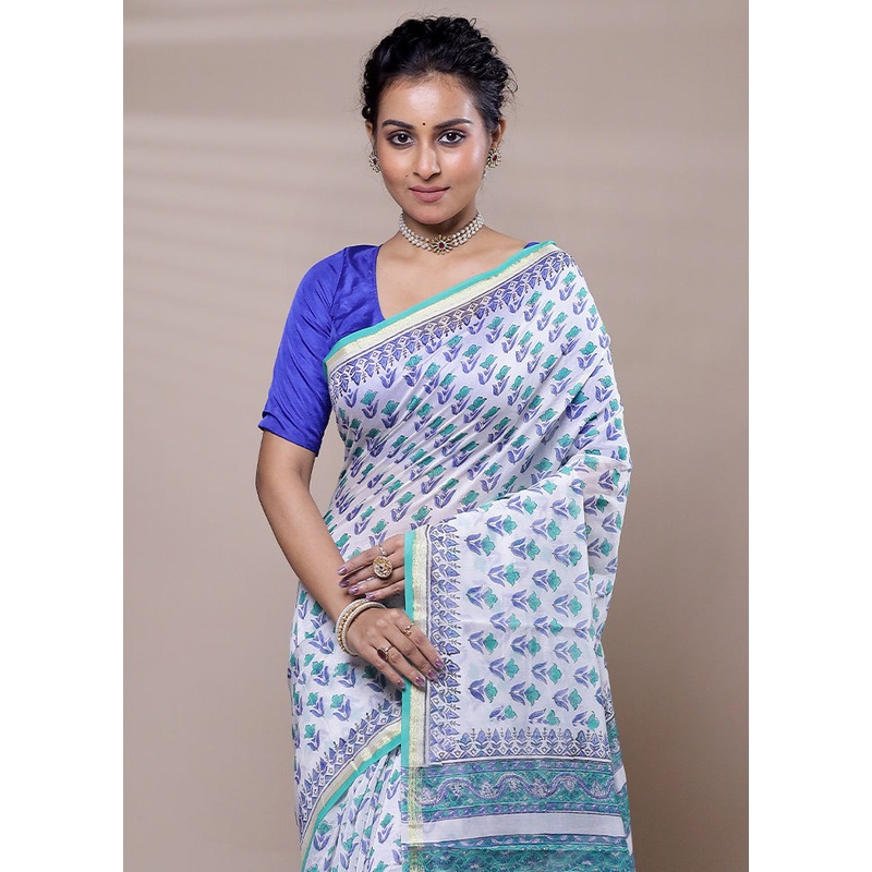 White Chanderi Cotton Saree With Blouse Piece - JD986607478