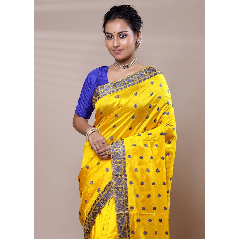 Yellow Handloom Assam Pure Silk Saree With Blouse Piece - JD986607477