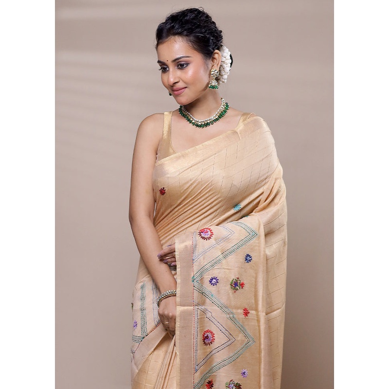 Yellow Tussar Silk Saree With Blouse Piece - JD986607474