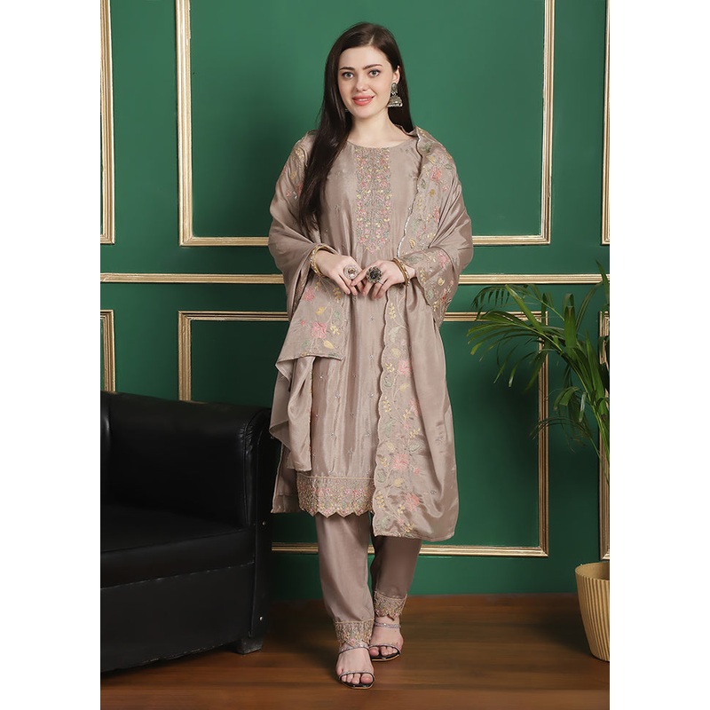 3 Pc Beige Unstitched Silk Suit Set - JD986607095