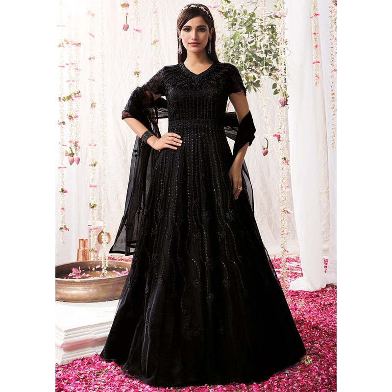 3 Pc Black Semi Stitched Net Suit Set - JD986607096