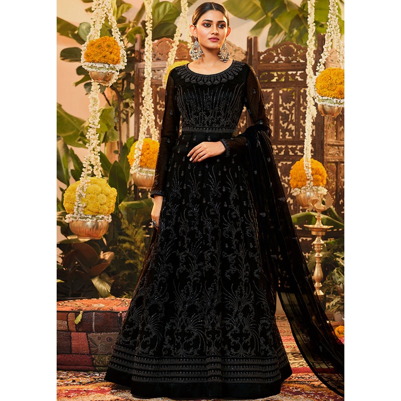 3 Pc Black Semi Stitched Net Suit Set - JD986607098