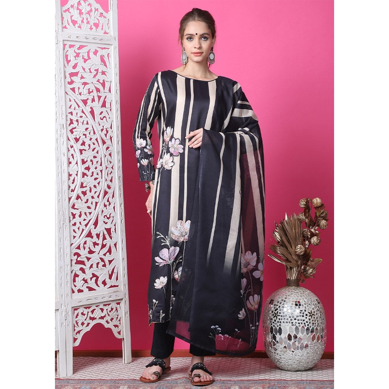 3 Pc Black Unstitched Cotton Suit Set - JD986607101