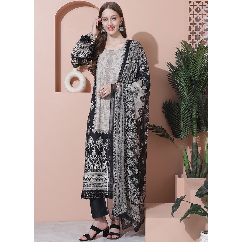 3 Pc Black Unstitched Pure Cotton Suit Set - JD986607106