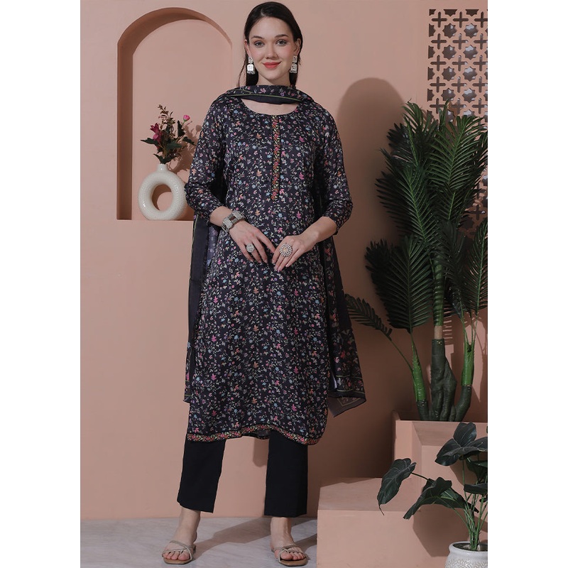 3 Pc Black Unstitched Silk Suit Set - JD986607109