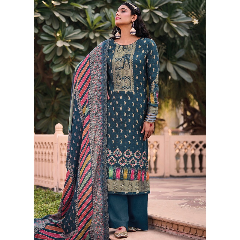 3 Pc Blue Unstitched Pure Silk Suit Set - JD986607114