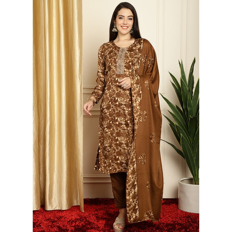 3 Pc Brown Unstitched Pashmina Suit Set - JD986607117