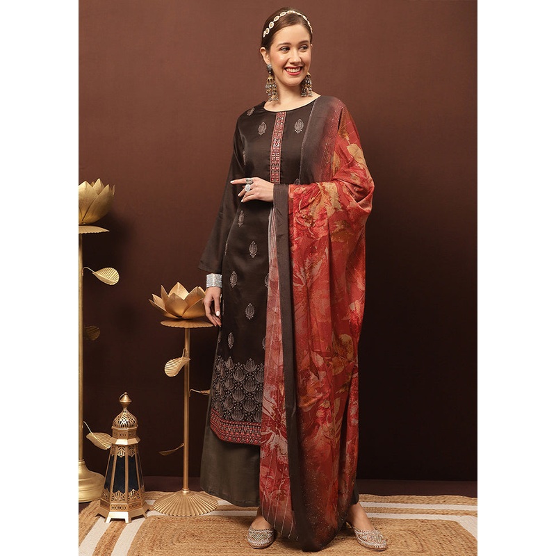3 Pc Brown Unstitched Silk Suit Set - JD986607119