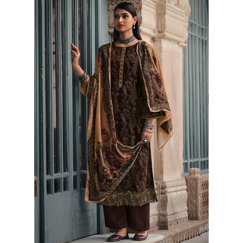 3 Pc Brown Unstitched Silk Suit Set - JD986607120