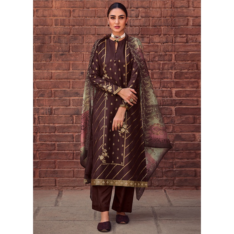 3 Pc Brown Unstitched Silk Suit Set - JD986607121