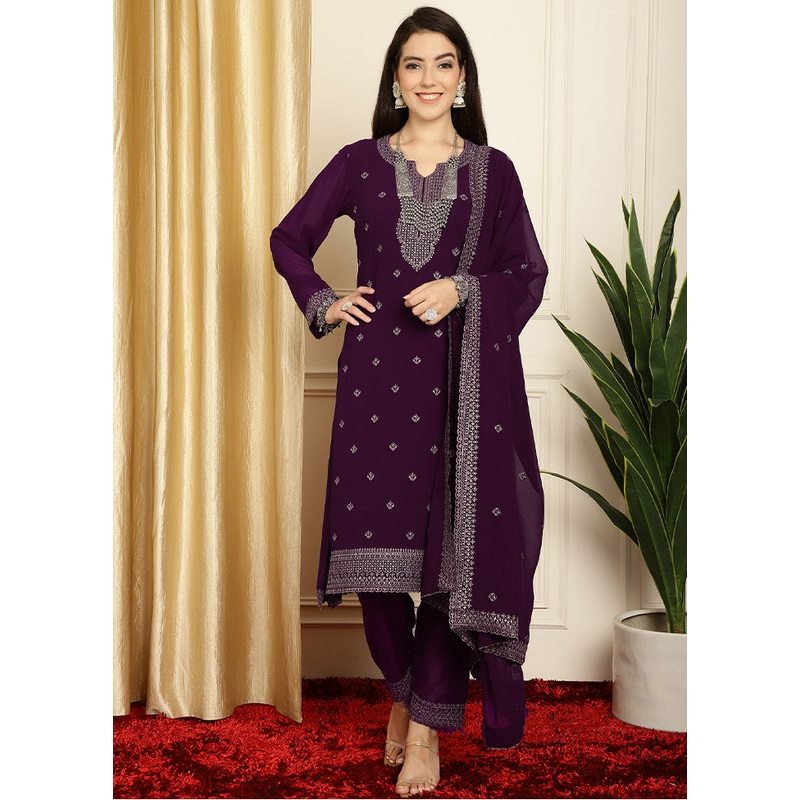 3 Pc Burgundy Unstitched Georgette Suit Set - JD986607125
