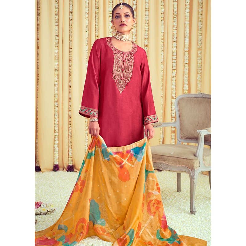 3 Pc Coral Unstitched Pure Silk Suit Set - JD986607126