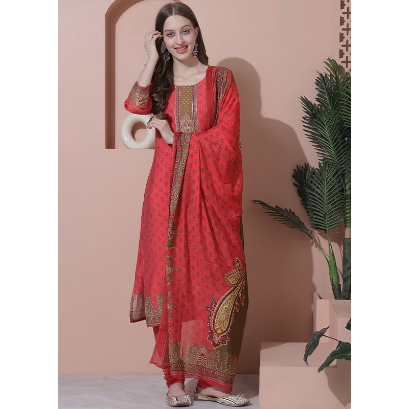 3 Pc Coral Unstitched Silk Suit Set - JD986607128