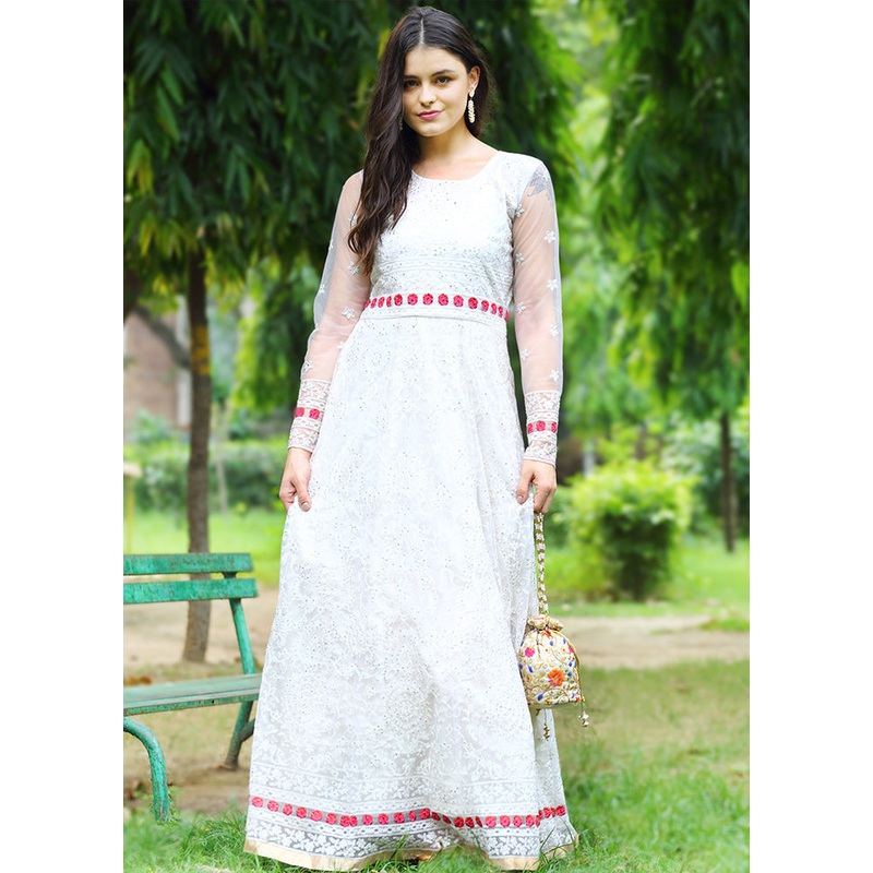 3 Pc Cream Semi Stitched Net Suit Set - JD986607129