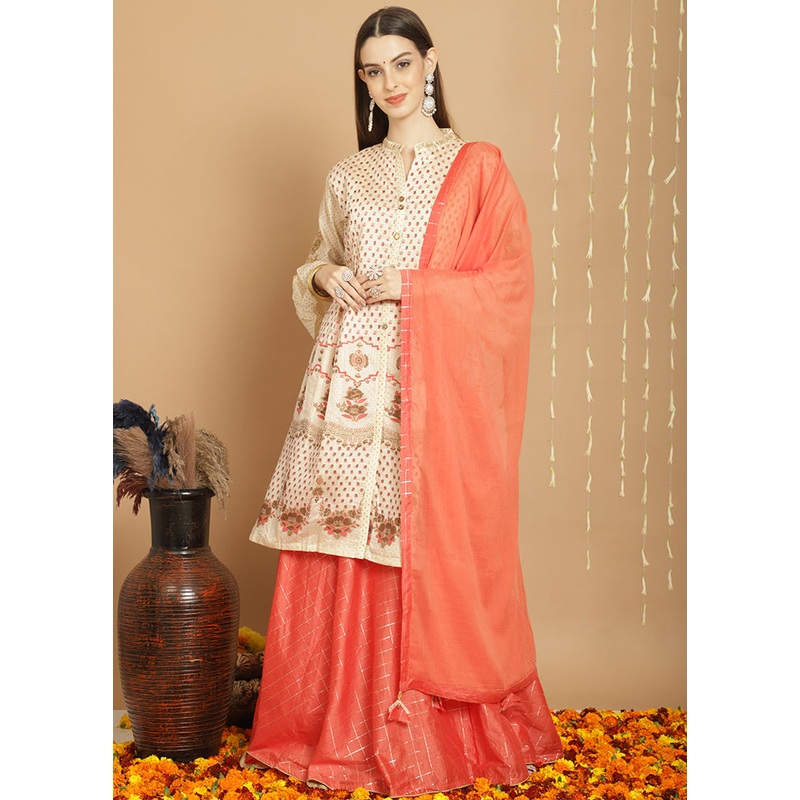 3 Pc Cream Unstitched Chanderi Suit Set - JD986607131