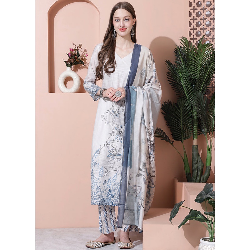 3 Pc Cream Unstitched Cotton Suit Set - JD986607130