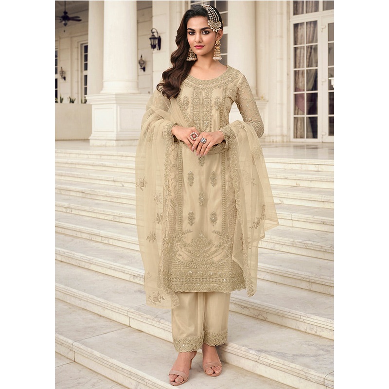 3 Pc Cream Unstitched Net Suit Set - JD986607135