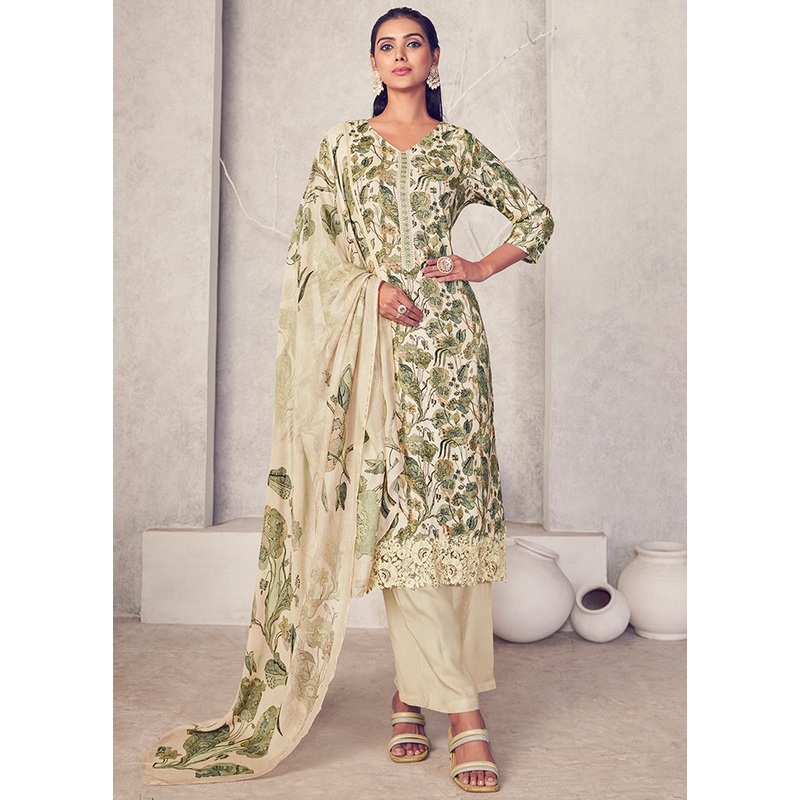 3 Pc Cream Unstitched Pure Pashmina Suit Set - JD986607134