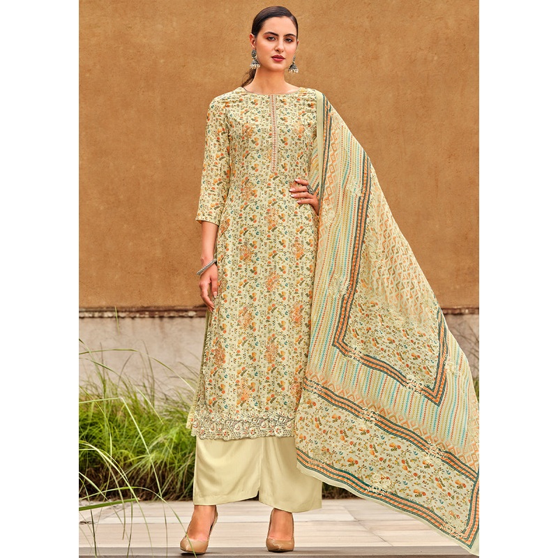 3 Pc Cream Unstitched Silk Suit Set - JD986607136