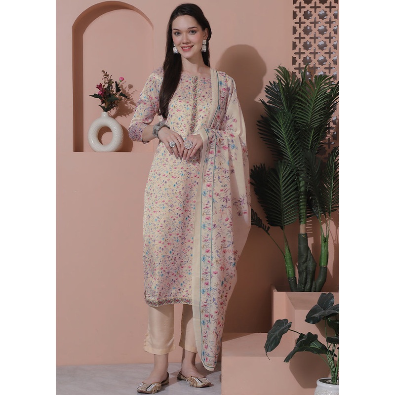 3 Pc Cream Unstitched Silk Suit Set - JD986607138