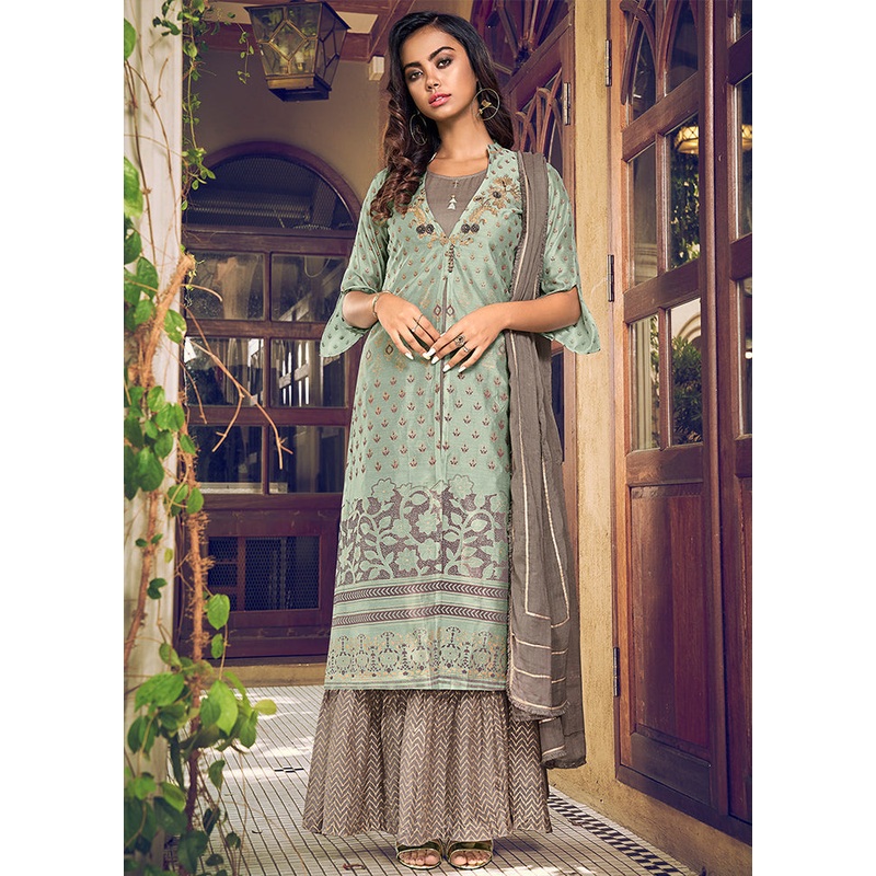 3 Pc Green Semi Stitched Chanderi Suit Set - JD986607139