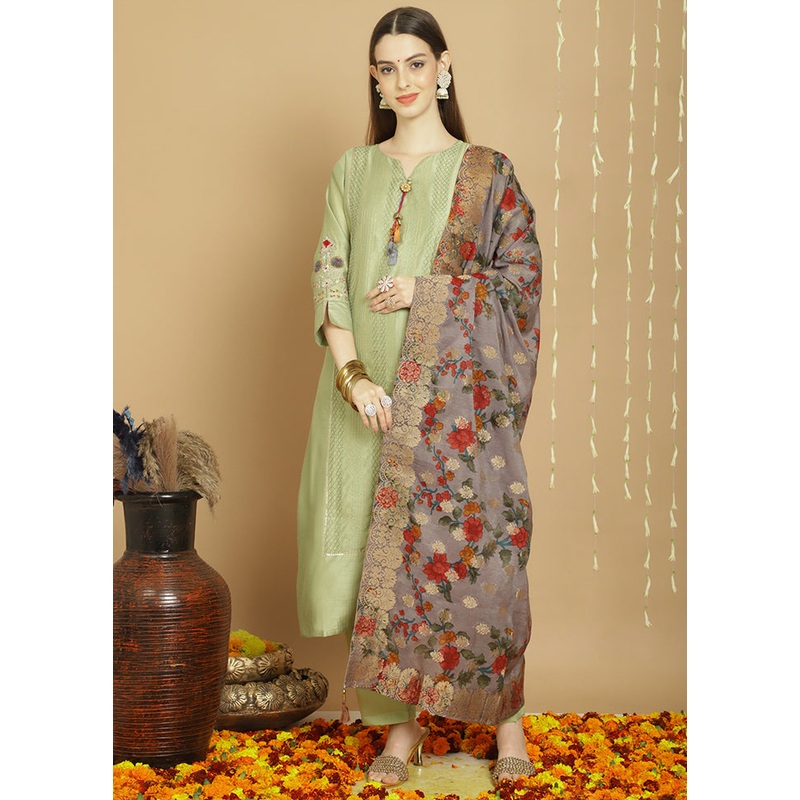 3 Pc Green Unstitched Chanderi Suit Set - JD986607140