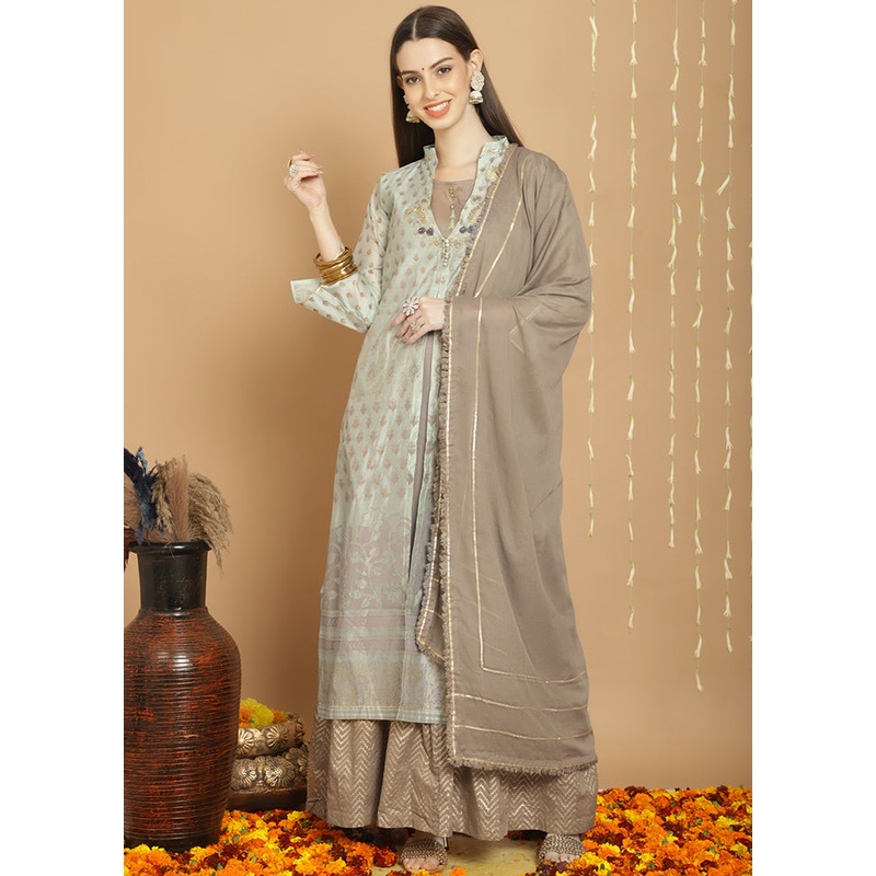 3 Pc Green Unstitched Chanderi Suit Set - JD986607141