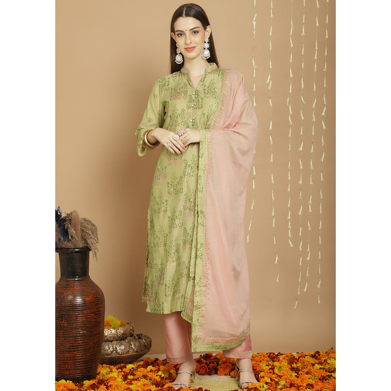 3 Pc Green Unstitched Chanderi Suit Set - JD986607142