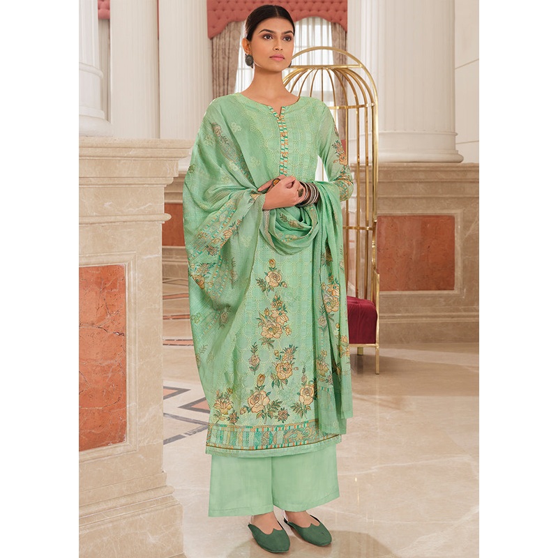 3 Pc Green Unstitched Cotton Suit Set - JD986607143