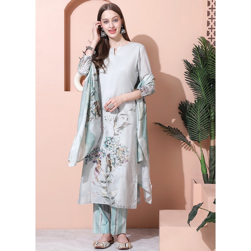 3 Pc Green Unstitched Cotton Suit Set - JD986607144