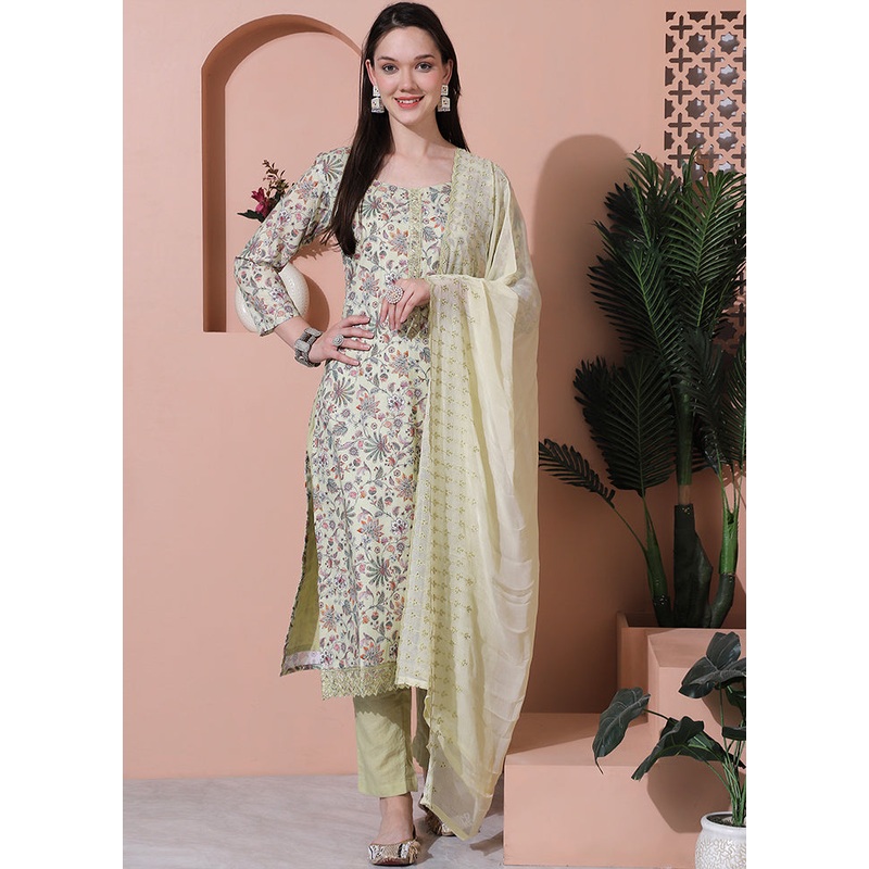 3 Pc Green Unstitched Cotton Suit Set - JD986607146