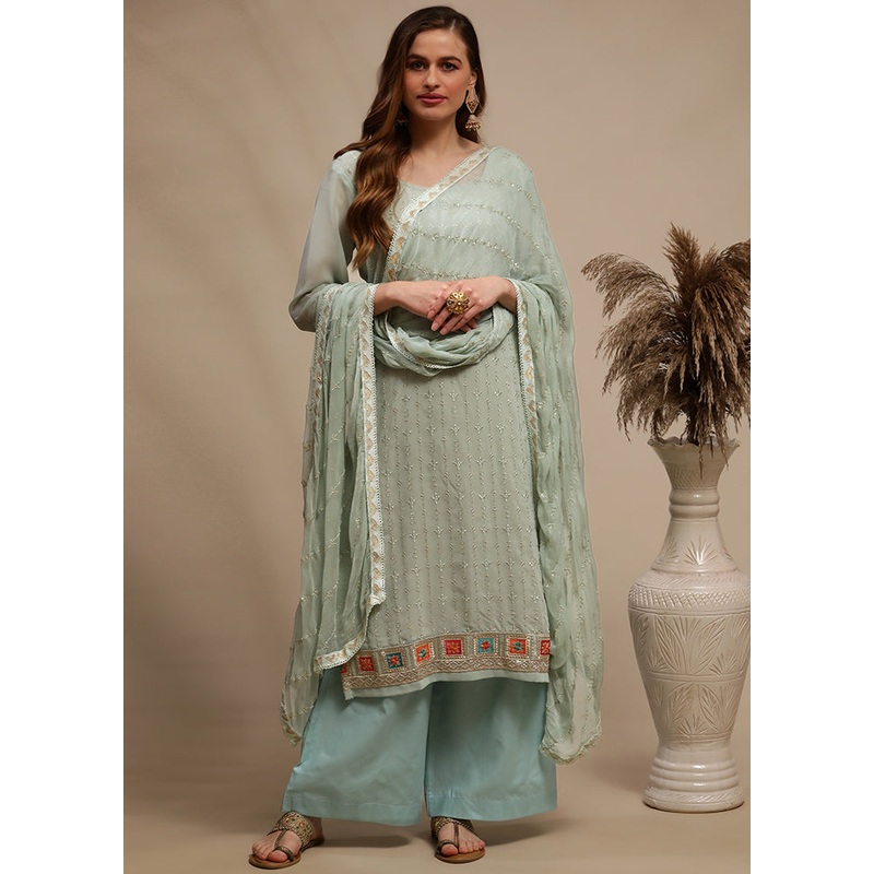 3 Pc Green Unstitched Georgette Suit Set - JD986607147