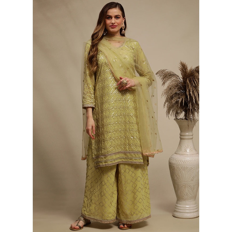 3 Pc Green Unstitched Georgette Suit Set - JD986607148