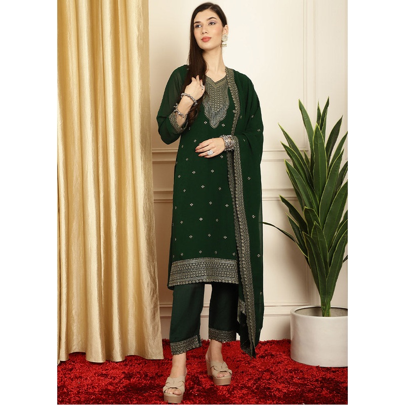 3 Pc Green Unstitched Georgette Suit Set - JD986607151