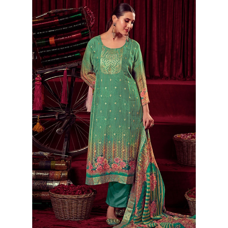 3 Pc Green Unstitched Net Suit Set - JD986607153