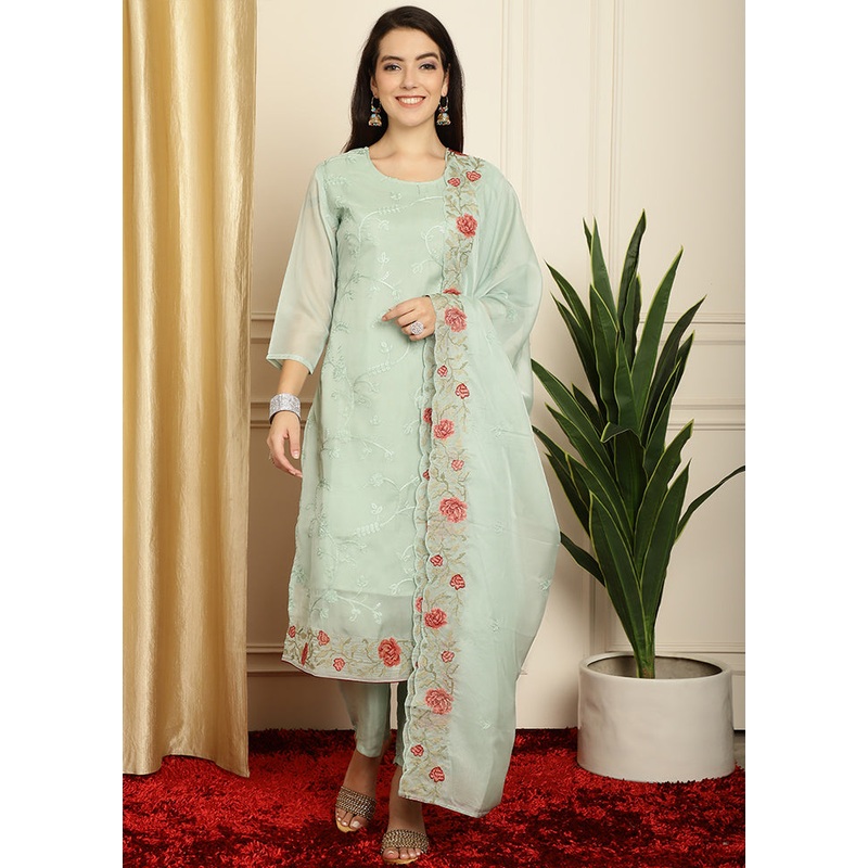 3 Pc Green Unstitched Net Suit Set - JD986607154