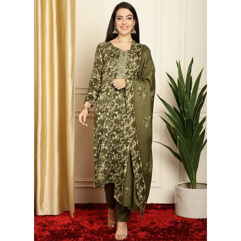 3 Pc Green Unstitched Pashmina Suit Set - JD986607156