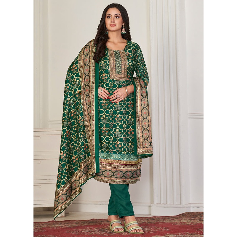 3 Pc Green Unstitched Pashmina Suit Set - JD986607158
