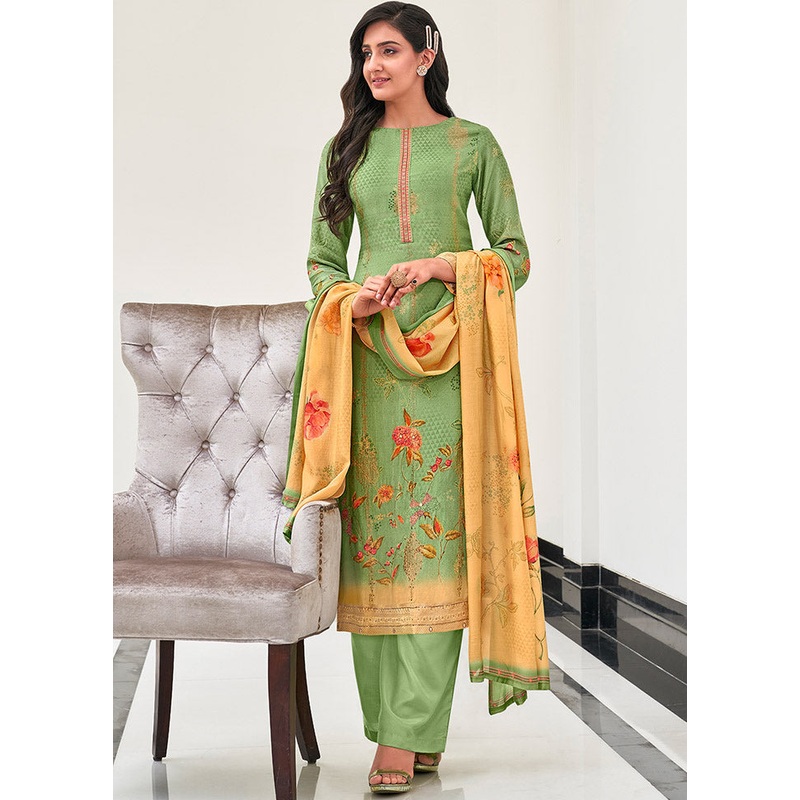 3 Pc Green Unstitched Pure Silk Suit Set - JD986607159