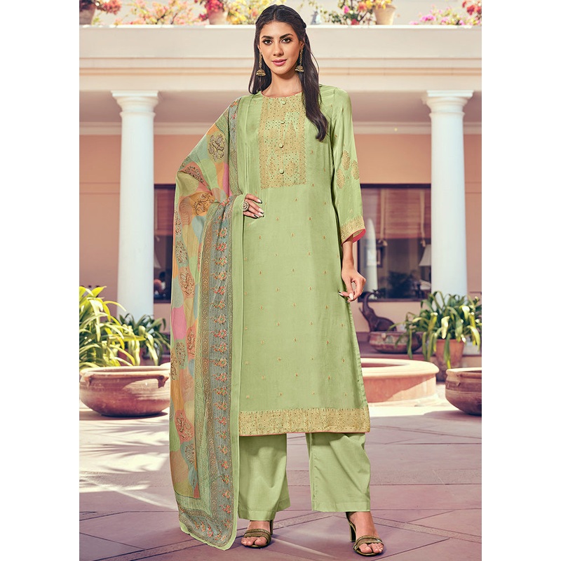 3 Pc Green Unstitched Pure Silk Suit Set - JD986607160