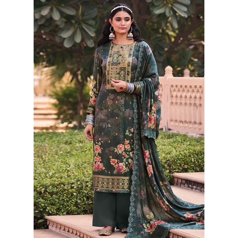 3 Pc Green Unstitched Pure Silk Suit Set - JD986607161