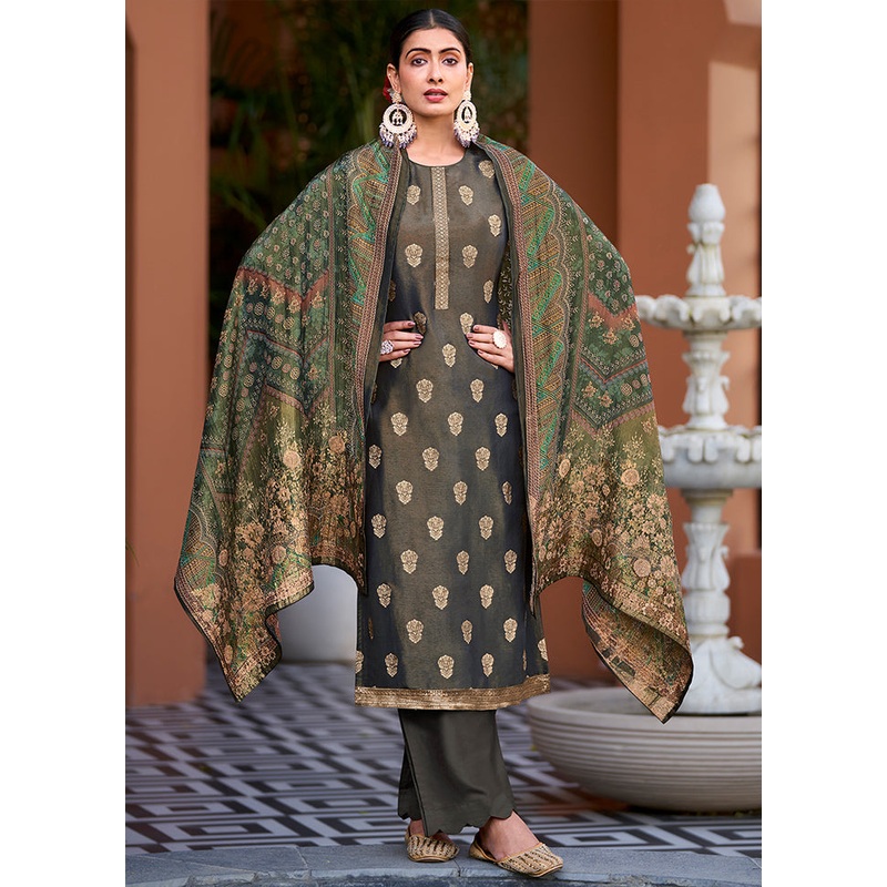 3 Pc Green Unstitched Pure Silk Suit Set - JD986607162