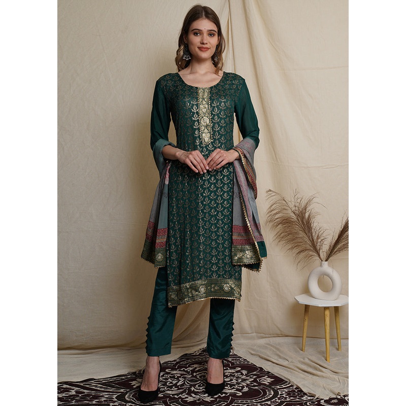 3 Pc Green Unstitched Silk Suit Set - JD986607164