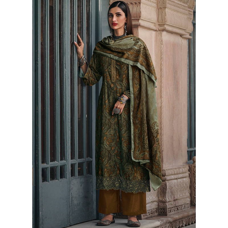 3 Pc Green Unstitched Silk Suit Set - JD986607165