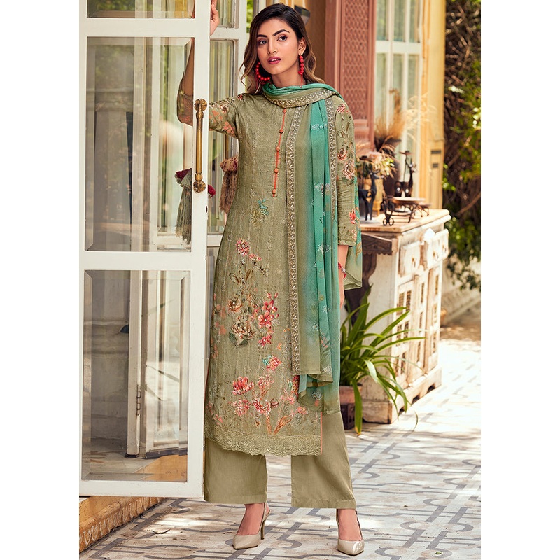 3 Pc Green Unstitched Silk Suit Set - JD986607166